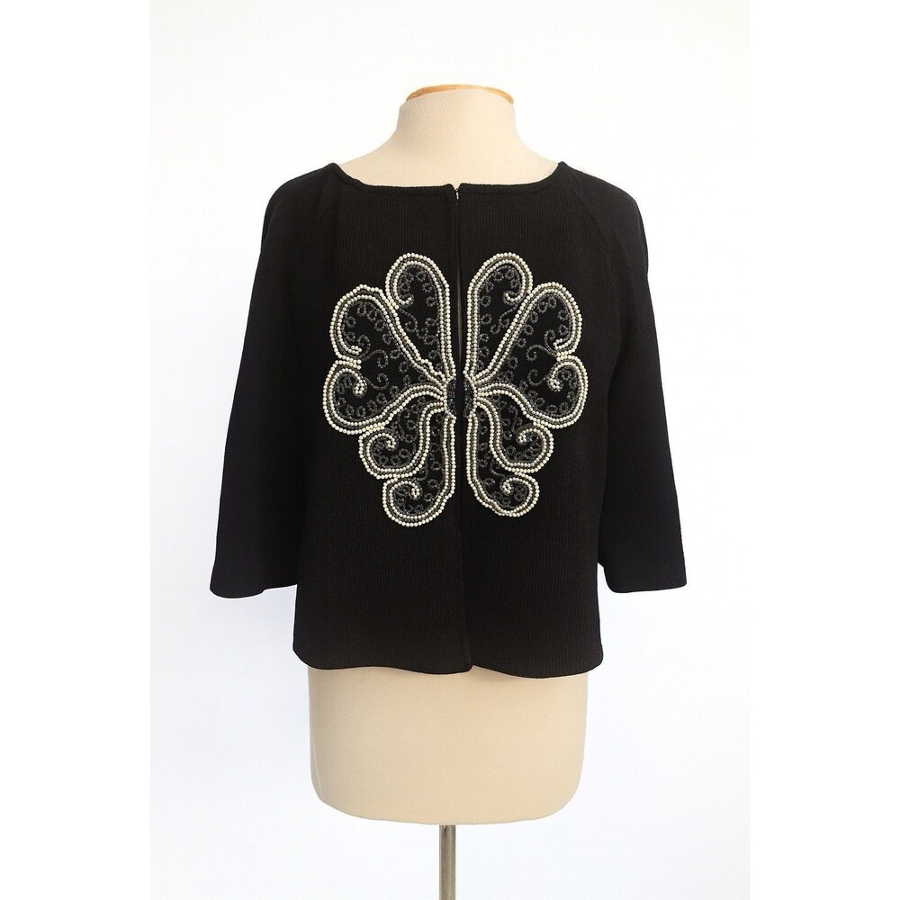 New With Tags! ST JOHN Black Santana Knit Cardigan Sweater, Beaded, Size 12